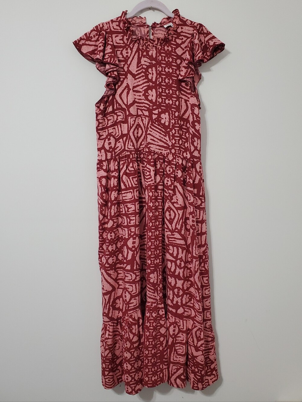 Willa Story Tiered Midi Dress Brick Red Pink Batik Ruffle Neck Dress Size Medium